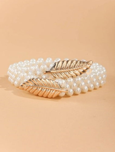 Leaf Design Beaded Slim Belt for Women Dresses
