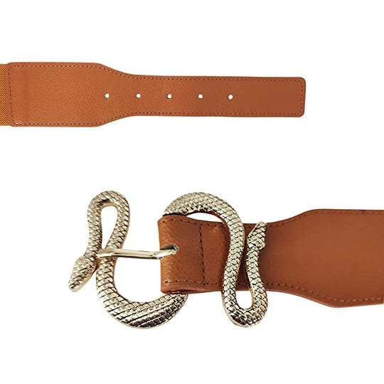 Redhorns Elastic Ladies Wide Belt#color_brown-golden-buckle