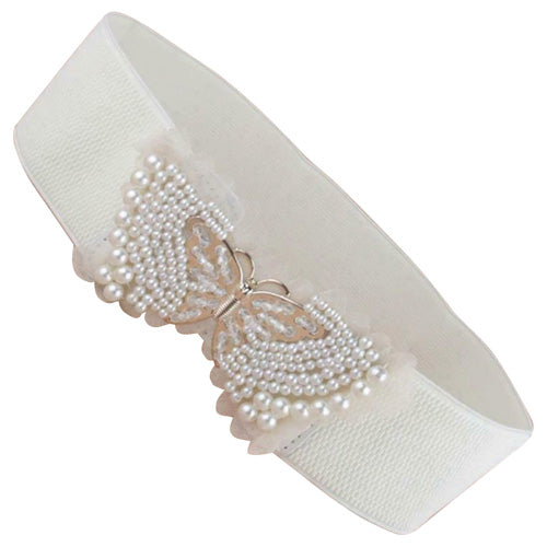Butterfly Design Ladies Elastic Belt White#color_white