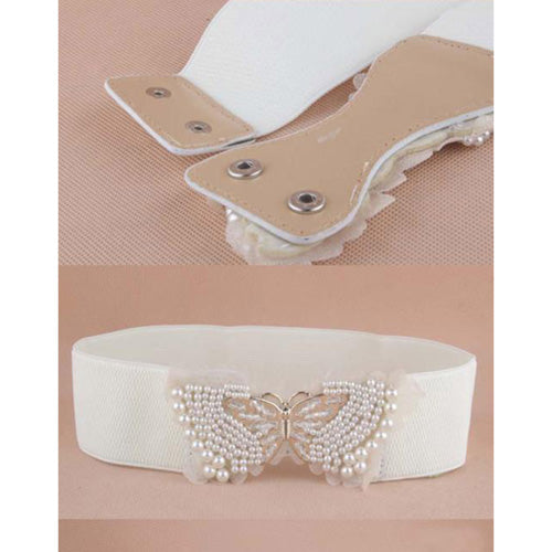 Butterfly Design Ladies Elastic Belt White#color_white