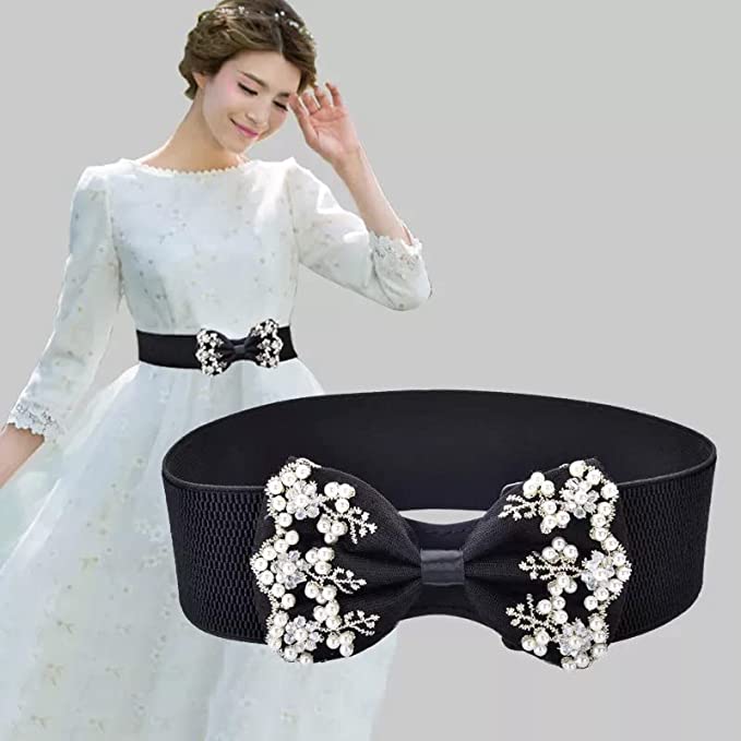 Floral Elastic Fabric Waist Belt for Women Dresses| Bow Knot Design Stretchy Wide Ladies Belt (LD114)