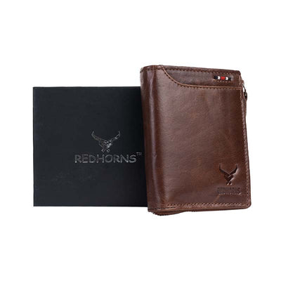Mens Genuine Leather wallet front side with gift box#color_brown